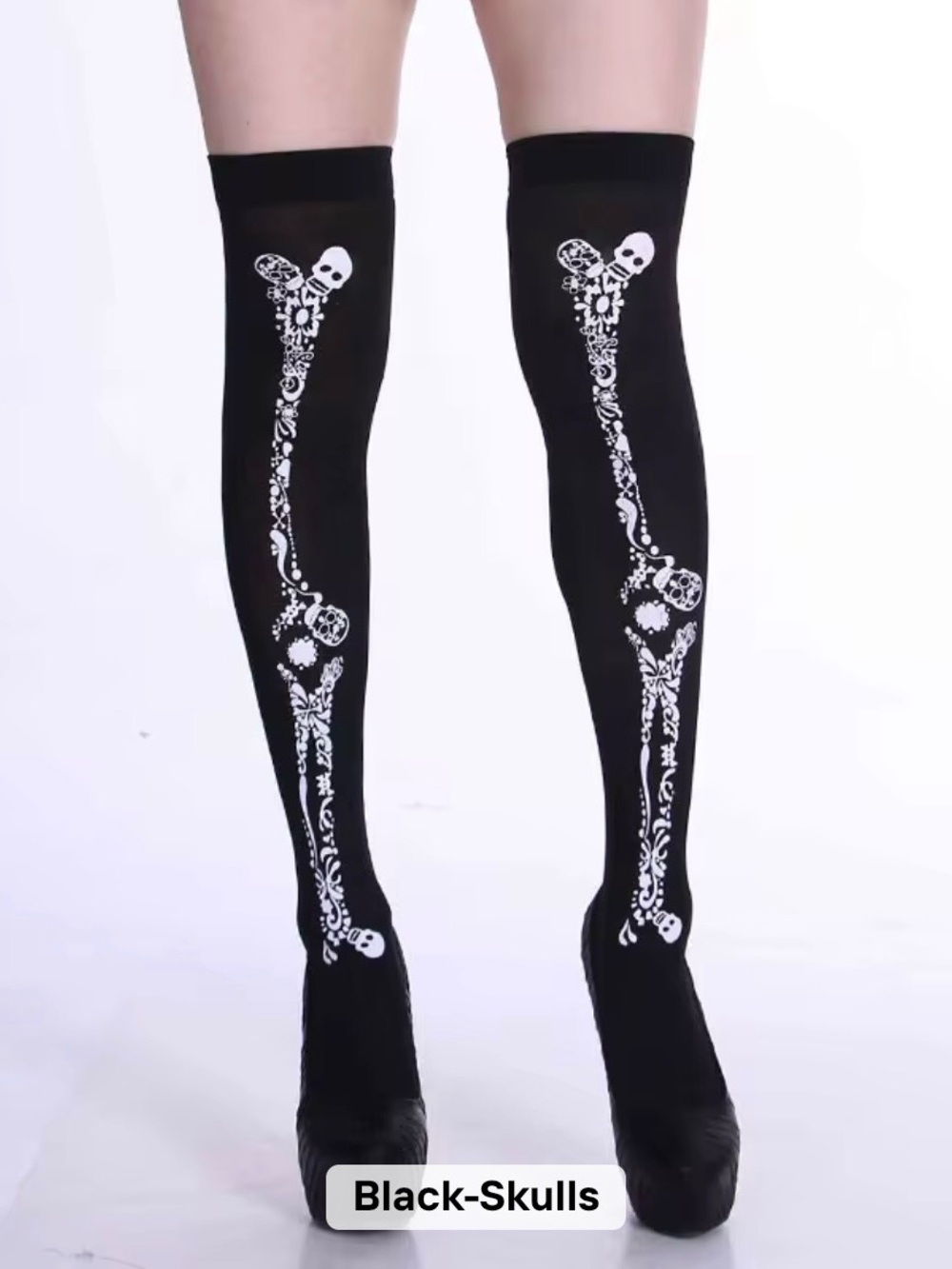 Black Skull Thigh-High Socks - Gothic Graphic